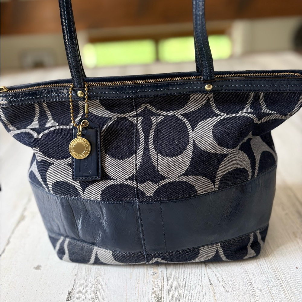 Coach Denim Signature Stripe Shoulder Tote Bag